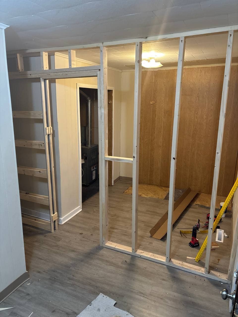 New stud partition framed with a door rough opening